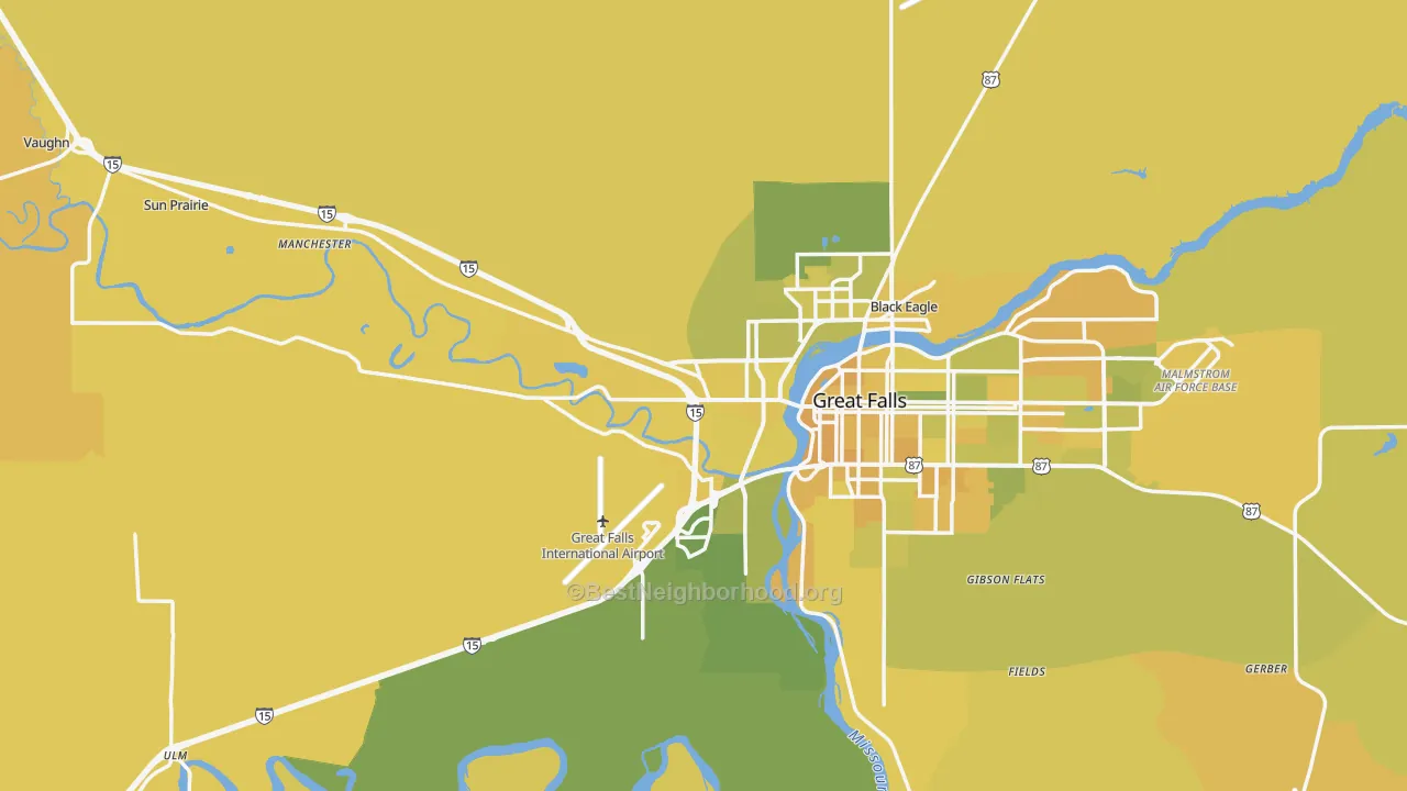 Map of the best neighborhoods in the 59404 area, with better matches in green and worse matches in red