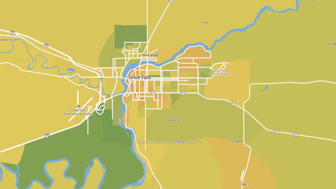 Map of the best neighborhoods in the 59405 area, with better matches in green and worse matches in red