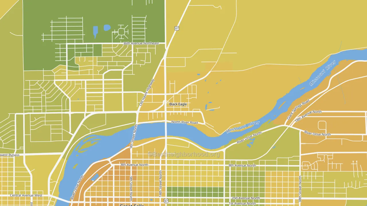 Map of the best neighborhoods in the 59414 area, with better matches in green and worse matches in red