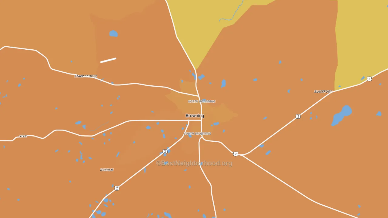 Map of the best neighborhoods in the 59417 area, with better matches in green and worse matches in red