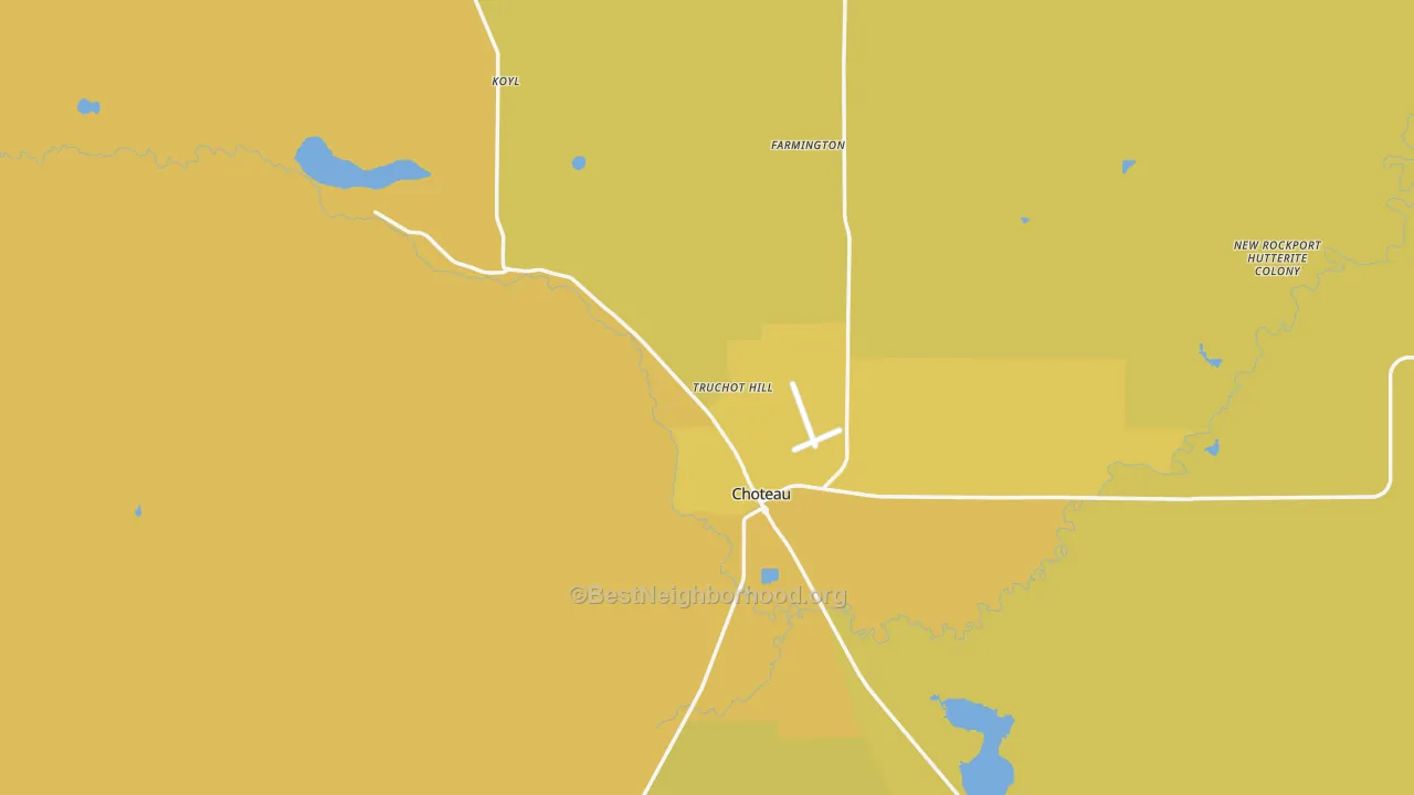 Map of the best neighborhoods in the 59422 area, with better matches in green and worse matches in red