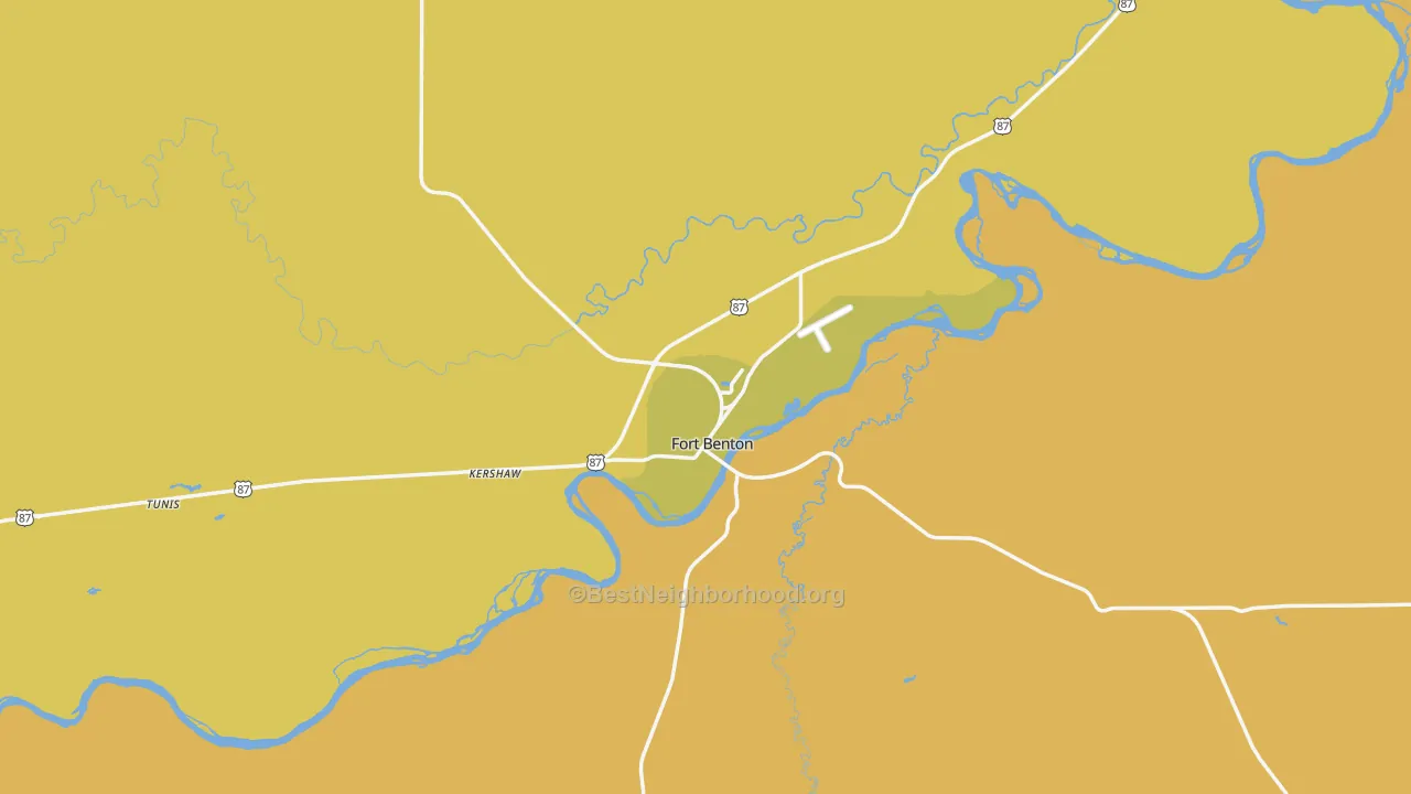 Map of the best neighborhoods in the 59442 area, with better matches in green and worse matches in red