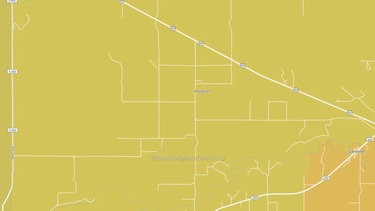 Map of the best neighborhoods in the 59443 area, with better matches in green and worse matches in red