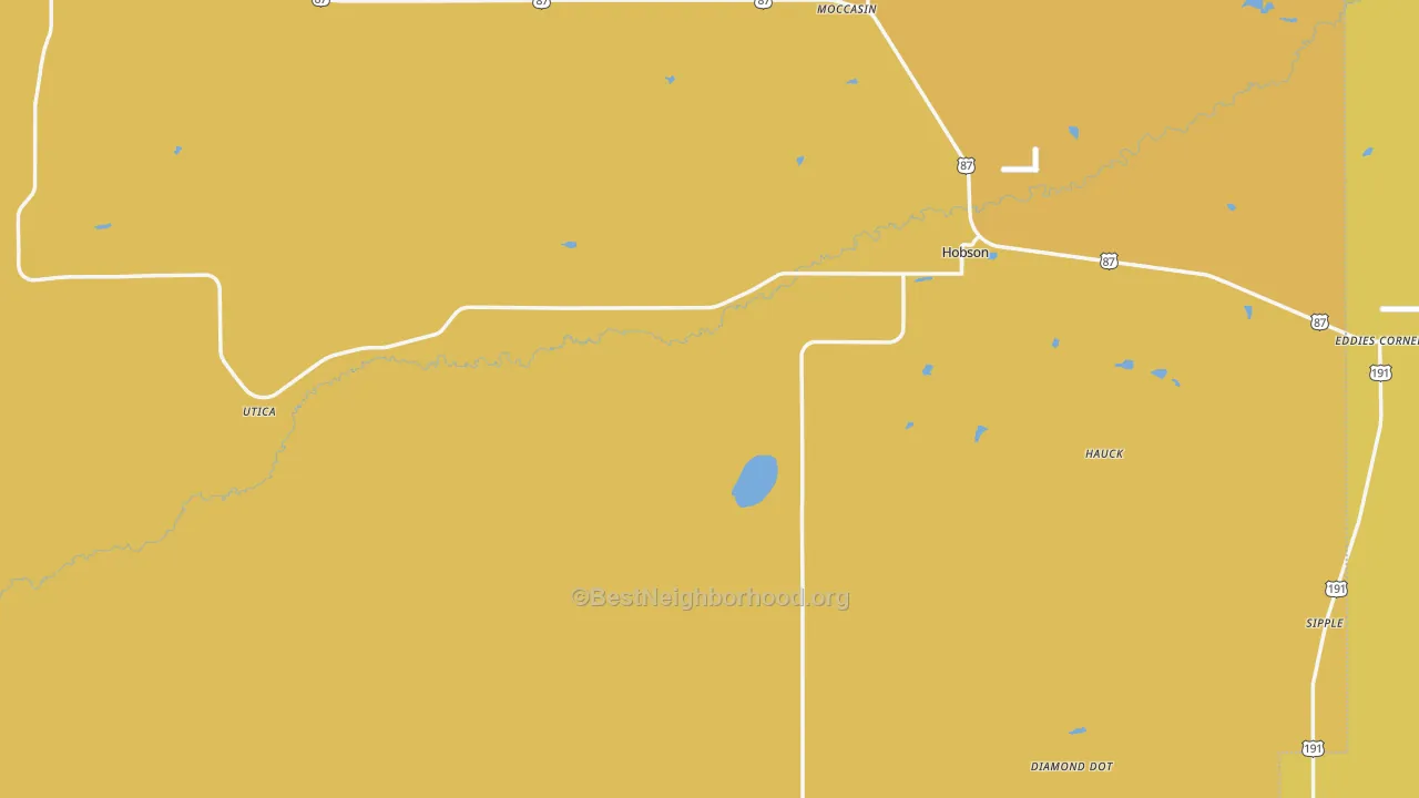 Map of the best neighborhoods in the 59452 area, with better matches in green and worse matches in red