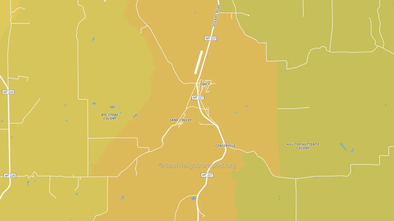 Map of the best neighborhoods in the 59472 area, with better matches in green and worse matches in red