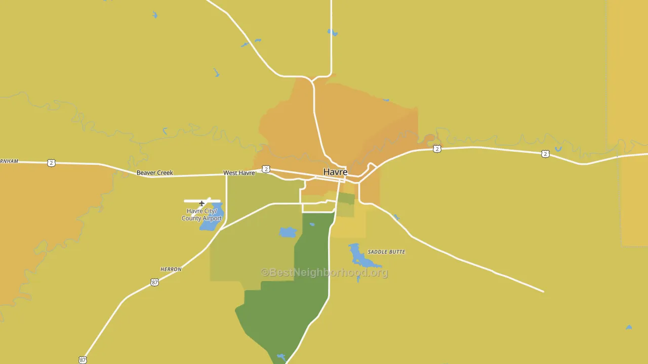 Map of the best neighborhoods in the 59501 area, with better matches in green and worse matches in red