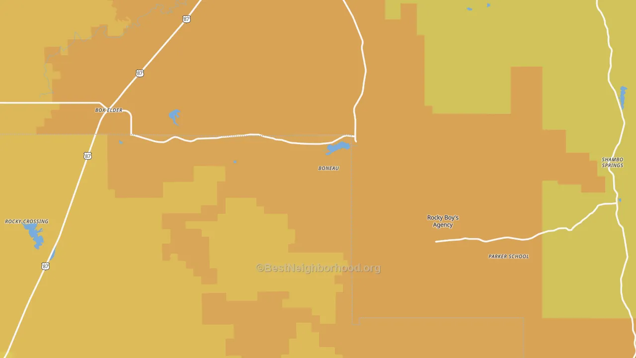 Map of the best neighborhoods in the 59521 area, with better matches in green and worse matches in red