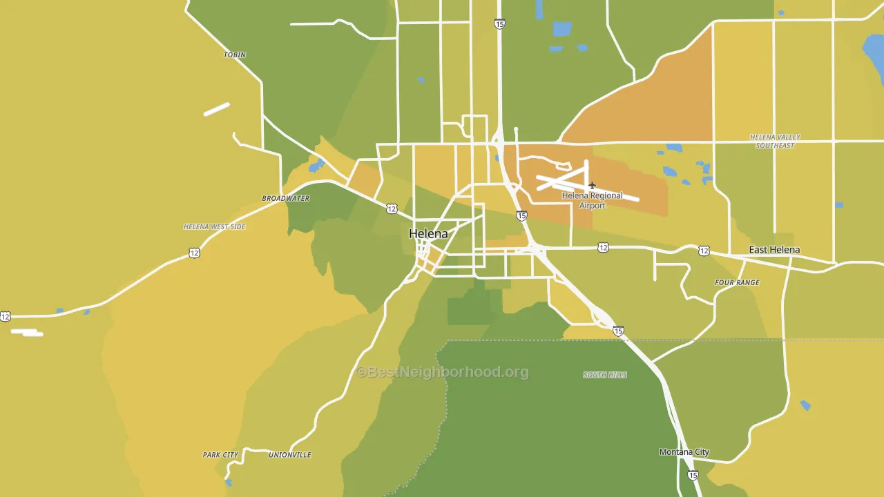 Map of the best neighborhoods in the 59601 area, with better matches in green and worse matches in red