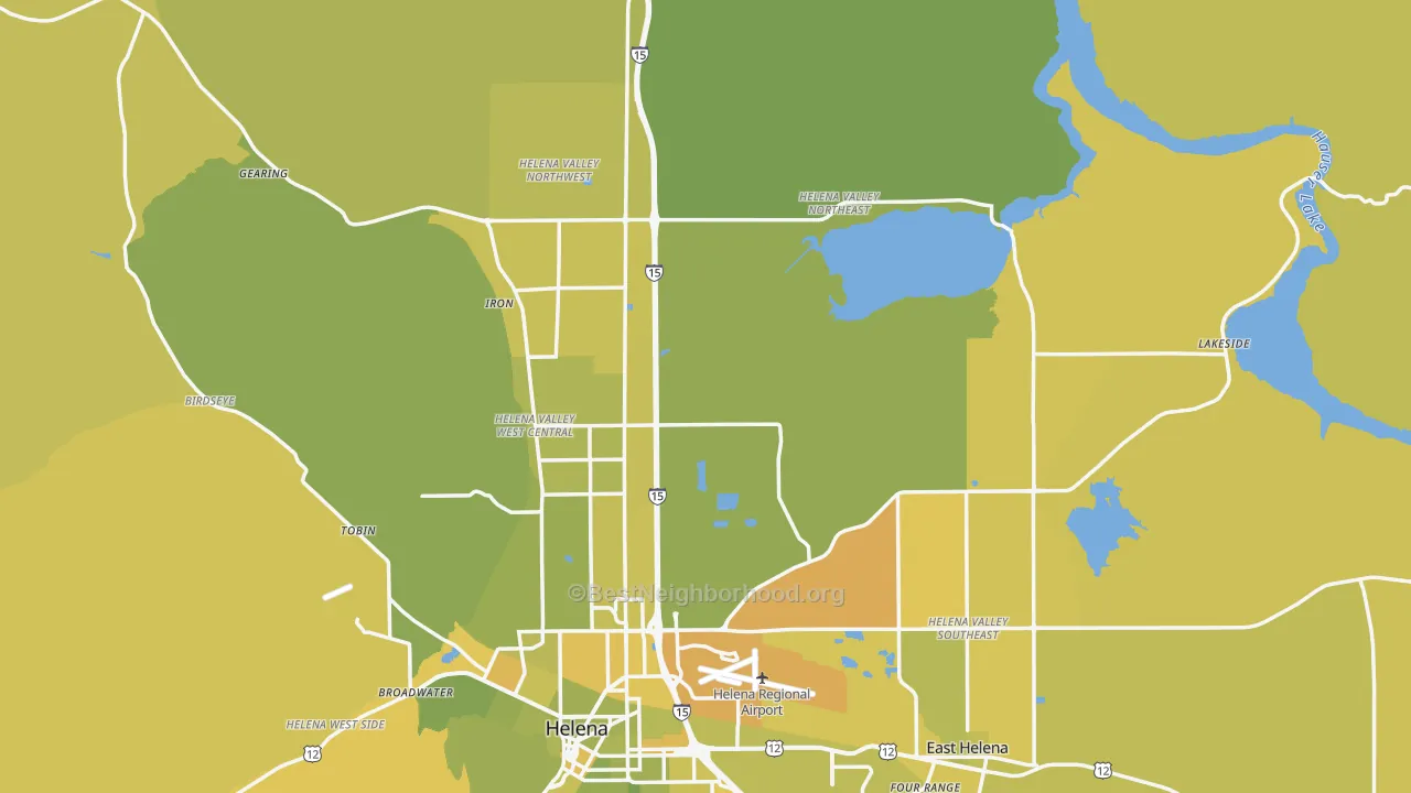 Map of the best neighborhoods in the 59602 area, with better matches in green and worse matches in red