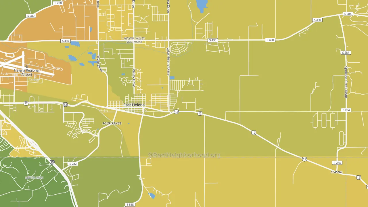 Map of the best neighborhoods in the 59635 area, with better matches in green and worse matches in red