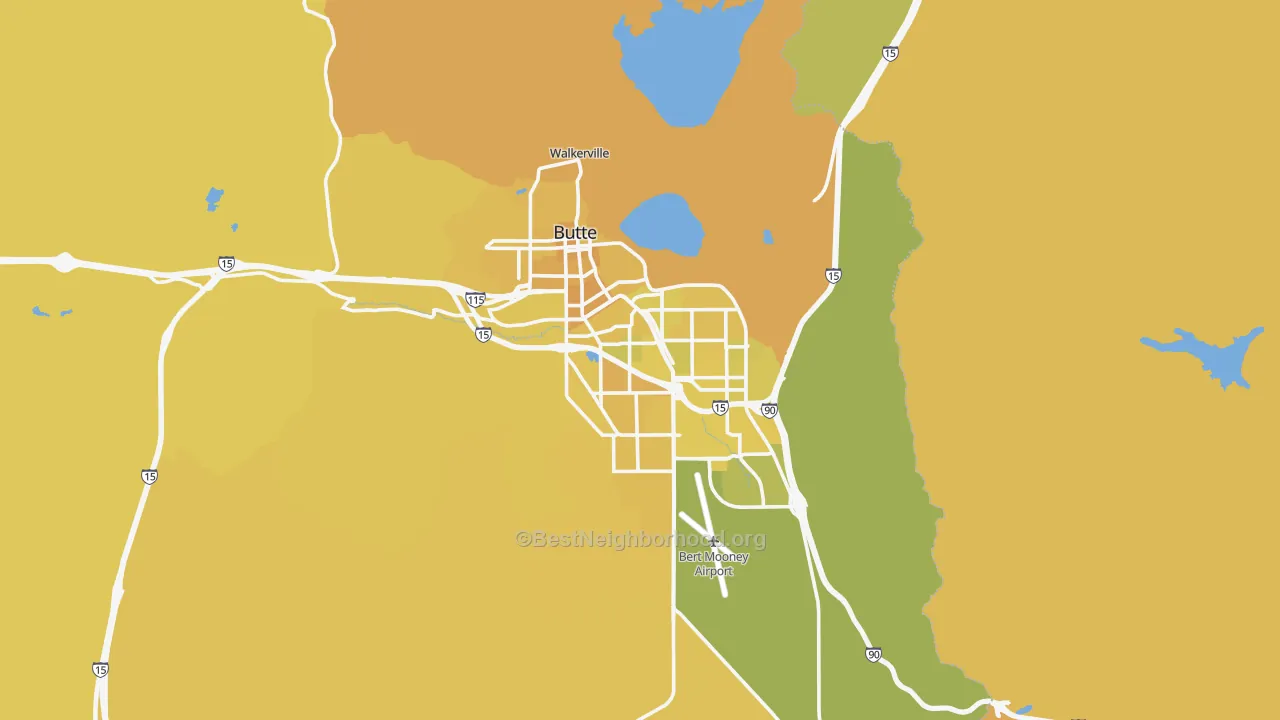 Map of the best neighborhoods in the 59701 area, with better matches in green and worse matches in red