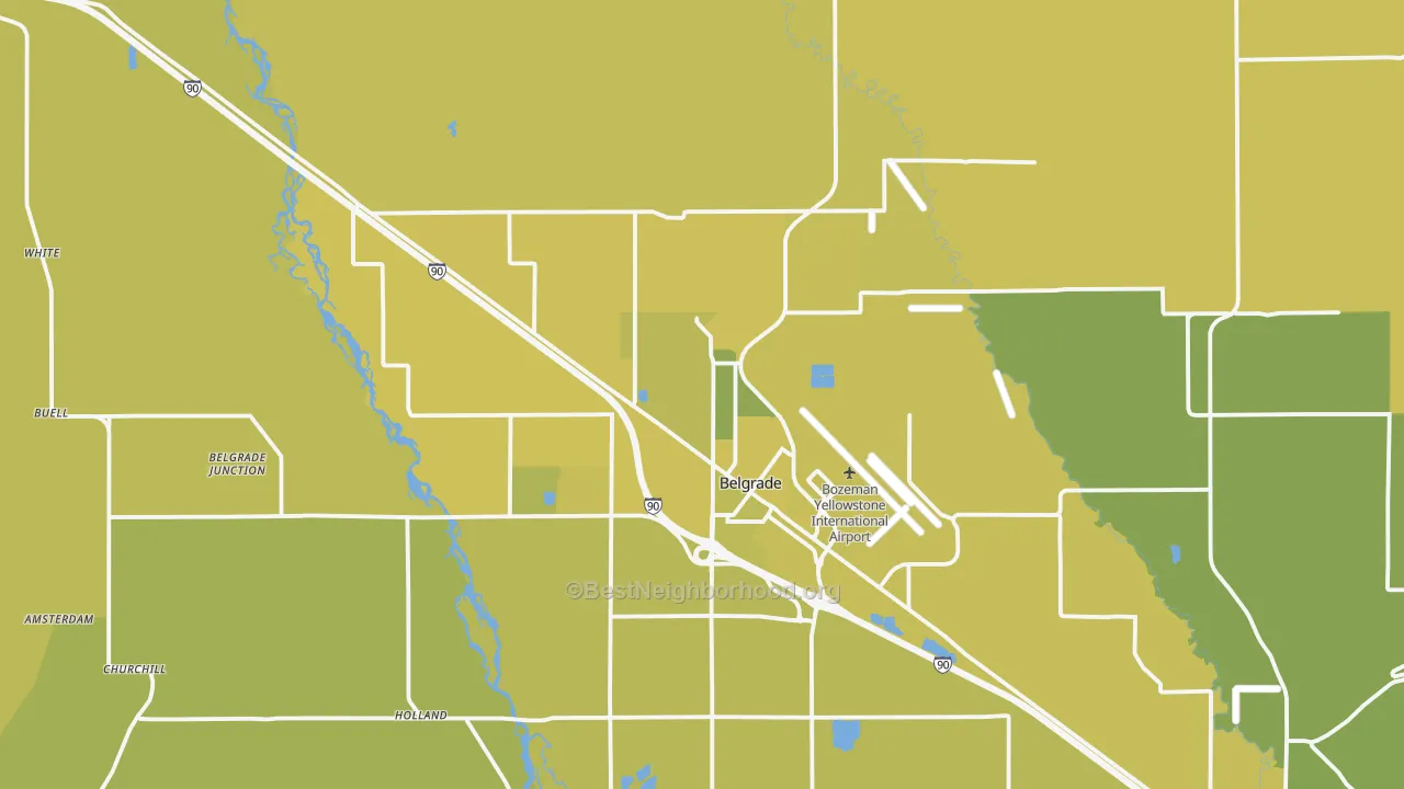 Map of the best neighborhoods in the 59714 area, with better matches in green and worse matches in red