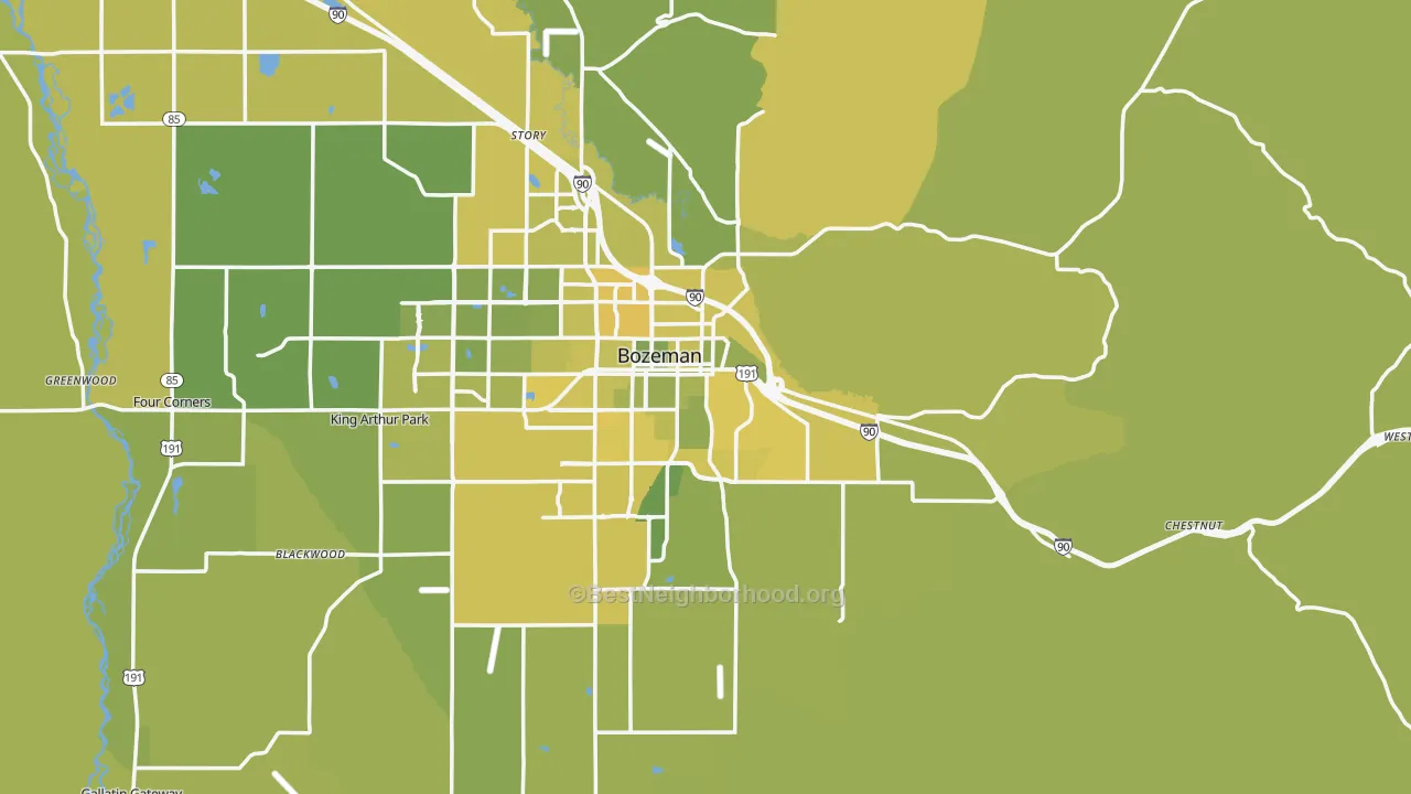 Map of the best neighborhoods in the 59715 area, with better matches in green and worse matches in red