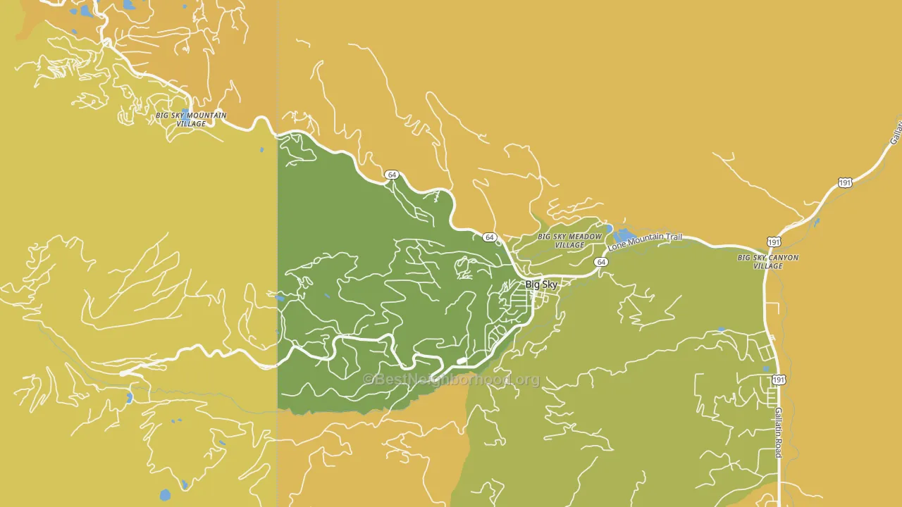 Map of the best neighborhoods in the 59716 area, with better matches in green and worse matches in red