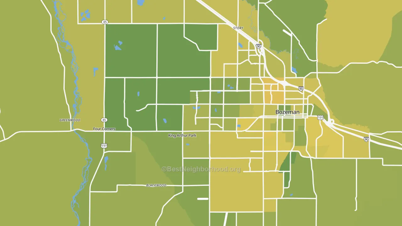 Map of the best neighborhoods in the 59718 area, with better matches in green and worse matches in red