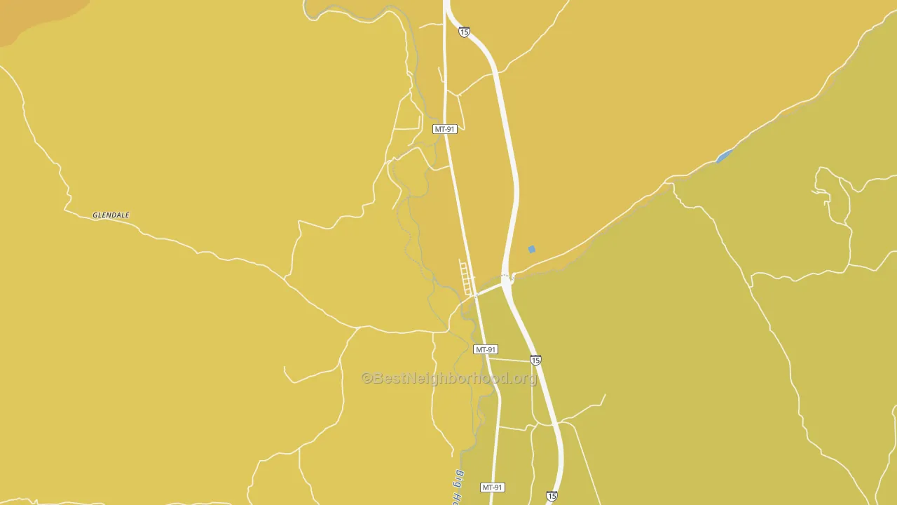 Map of the best neighborhoods in the 59743 area, with better matches in green and worse matches in red