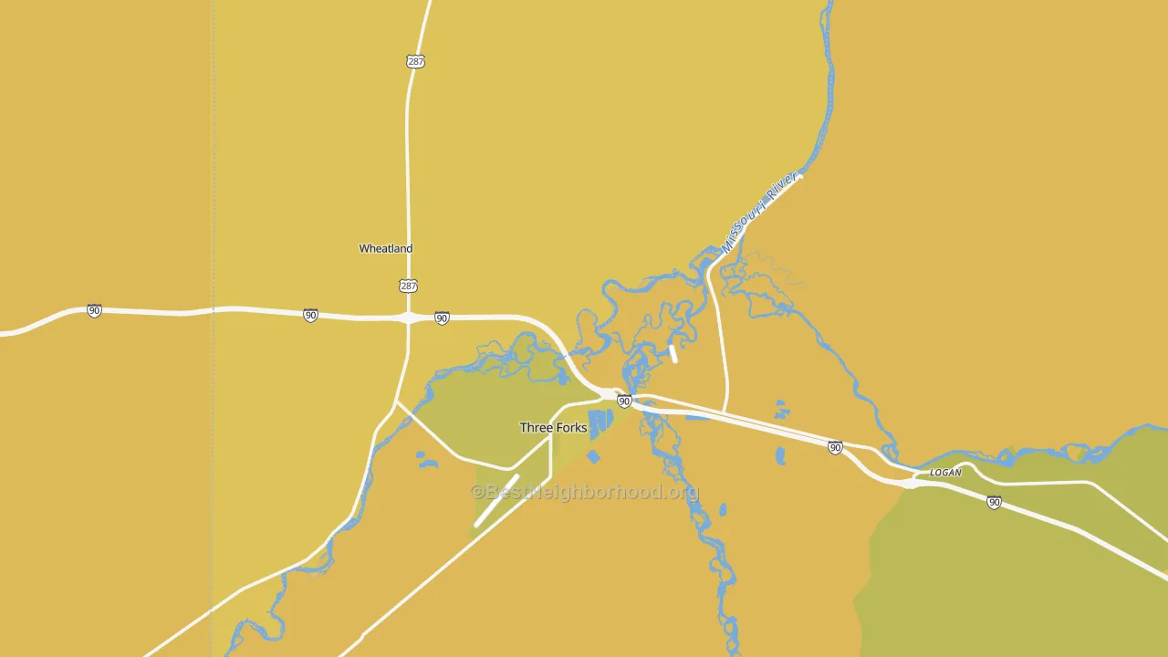 Map of the best neighborhoods in the 59752 area, with better matches in green and worse matches in red