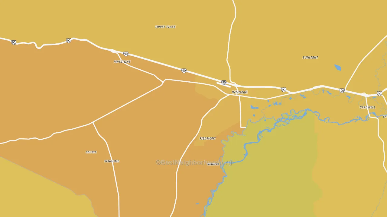 Map of the best neighborhoods in the 59759 area, with better matches in green and worse matches in red