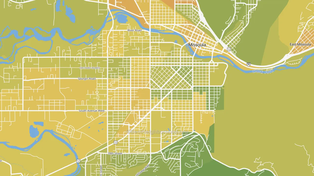 Map of the best neighborhoods in the 59801 area, with better matches in green and worse matches in red