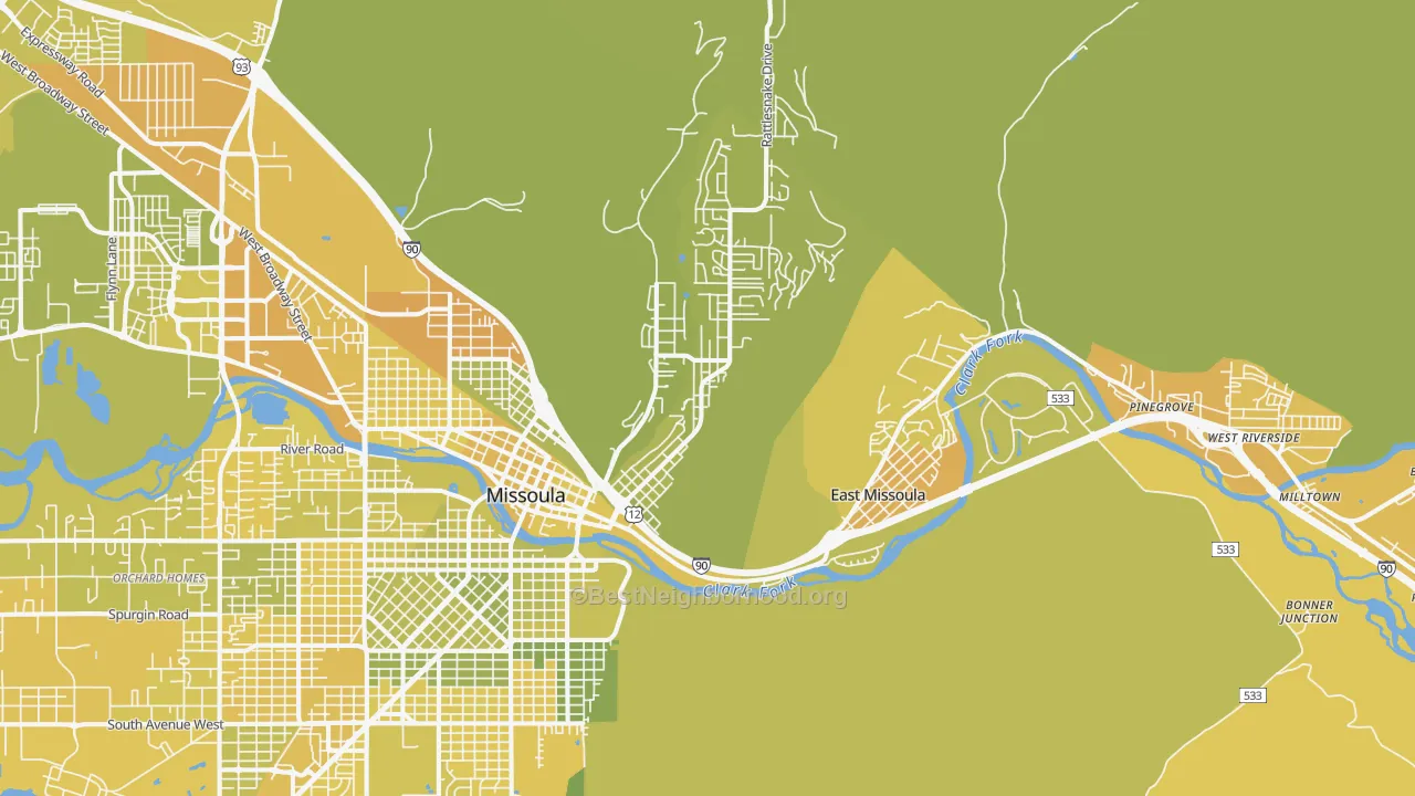 Map of the best neighborhoods in the 59802 area, with better matches in green and worse matches in red