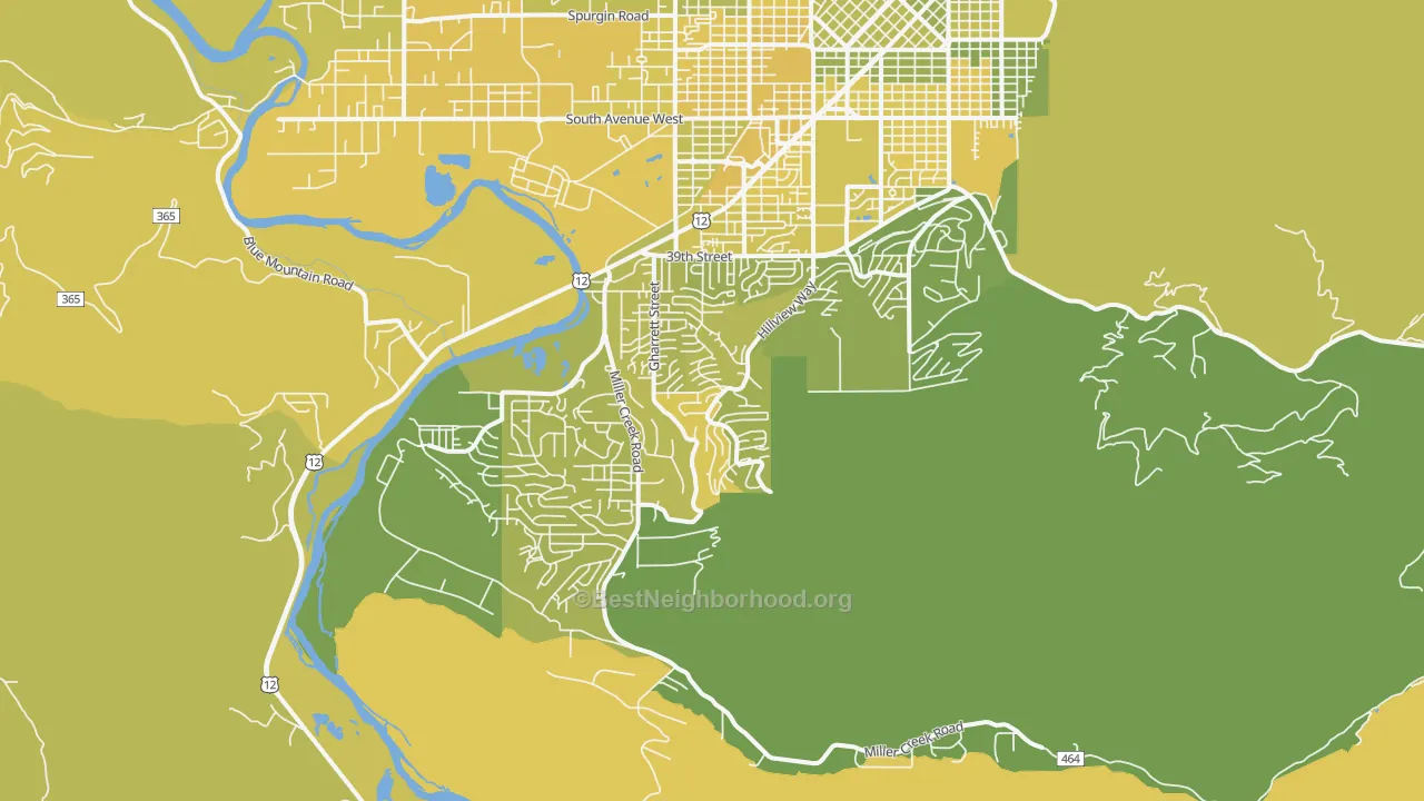 Map of the best neighborhoods in the 59803 area, with better matches in green and worse matches in red