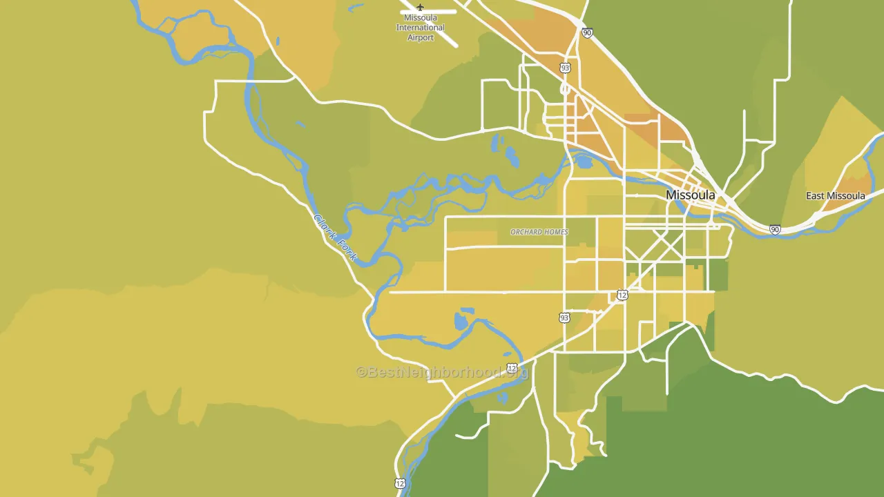 Map of the best neighborhoods in the 59804 area, with better matches in green and worse matches in red