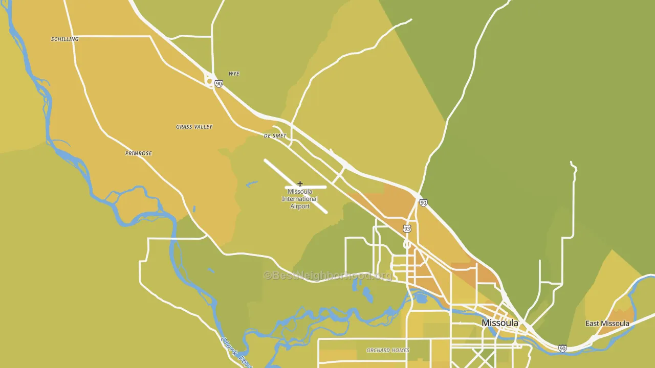 Map of the best neighborhoods in the 59808 area, with better matches in green and worse matches in red