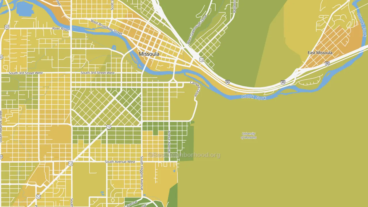 Map of the best neighborhoods in the 59812 area, with better matches in green and worse matches in red