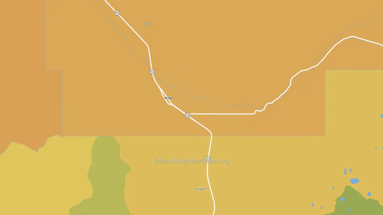 Map of the best neighborhoods in the 59821 area, with better matches in green and worse matches in red