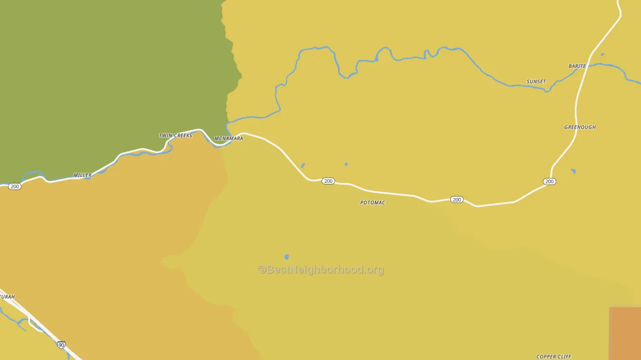Map of the best neighborhoods in the 59823 area, with better matches in green and worse matches in red