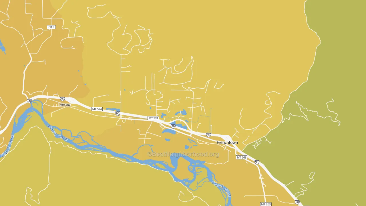 Map of the best neighborhoods in the 59834 area, with better matches in green and worse matches in red