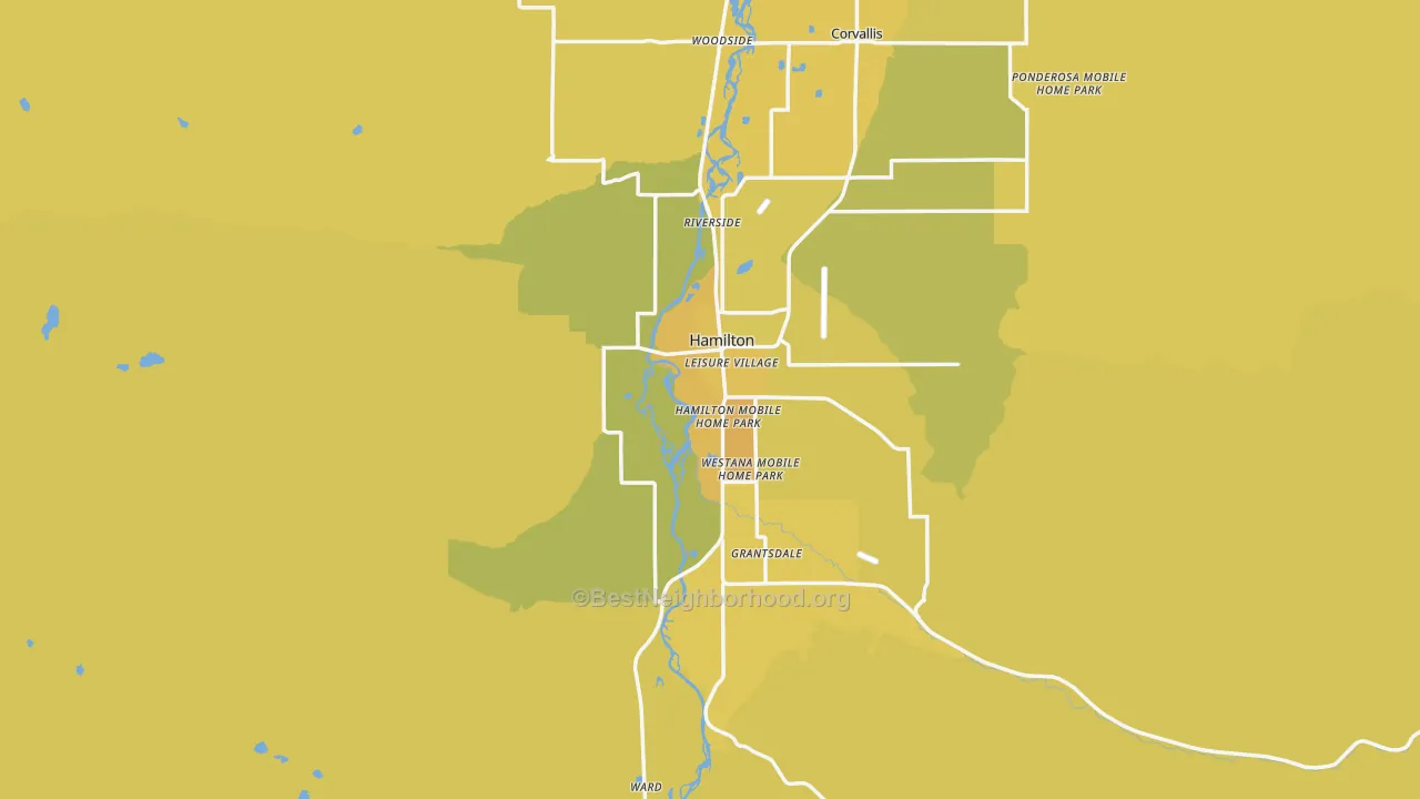 Map of the best neighborhoods in the 59840 area, with better matches in green and worse matches in red