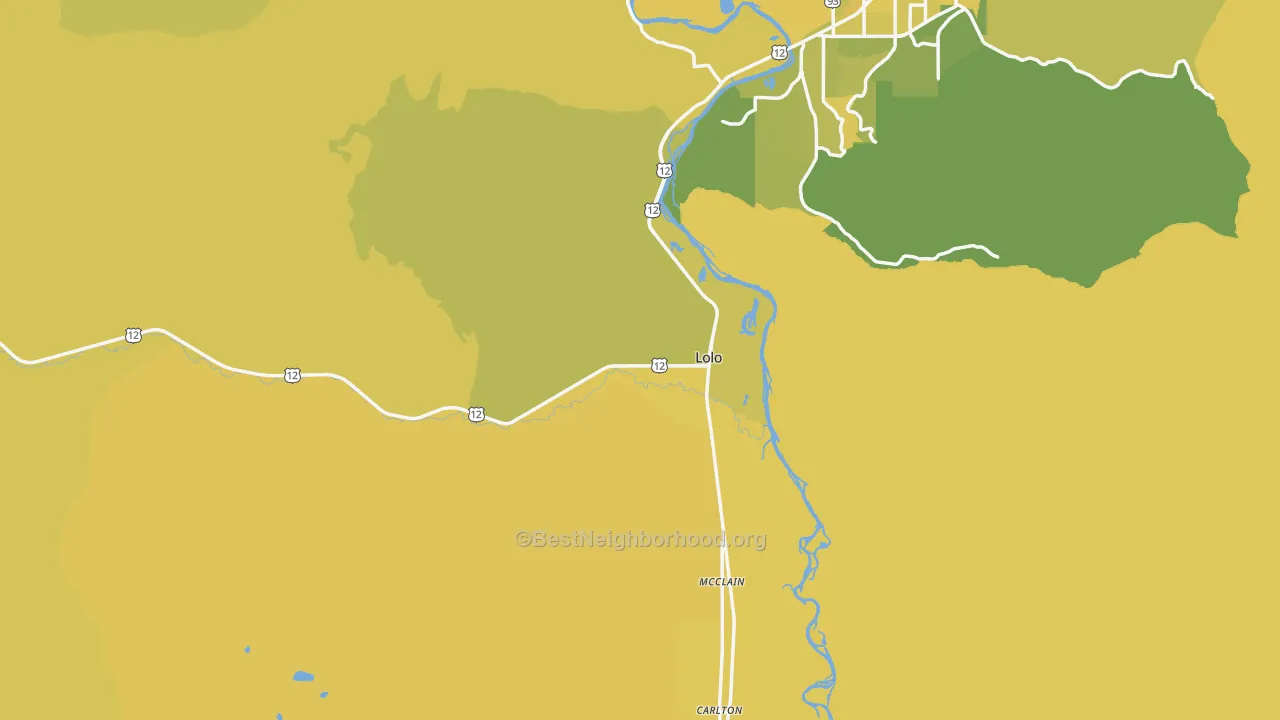 Map of the best neighborhoods in the 59847 area, with better matches in green and worse matches in red