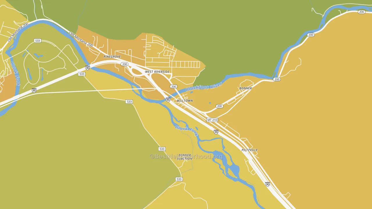 Map of the best neighborhoods in the 59851 area, with better matches in green and worse matches in red