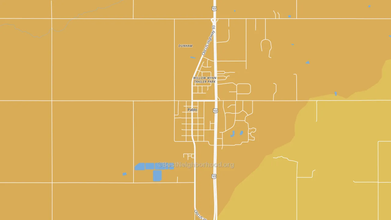 Map of the best neighborhoods in the 59855 area, with better matches in green and worse matches in red