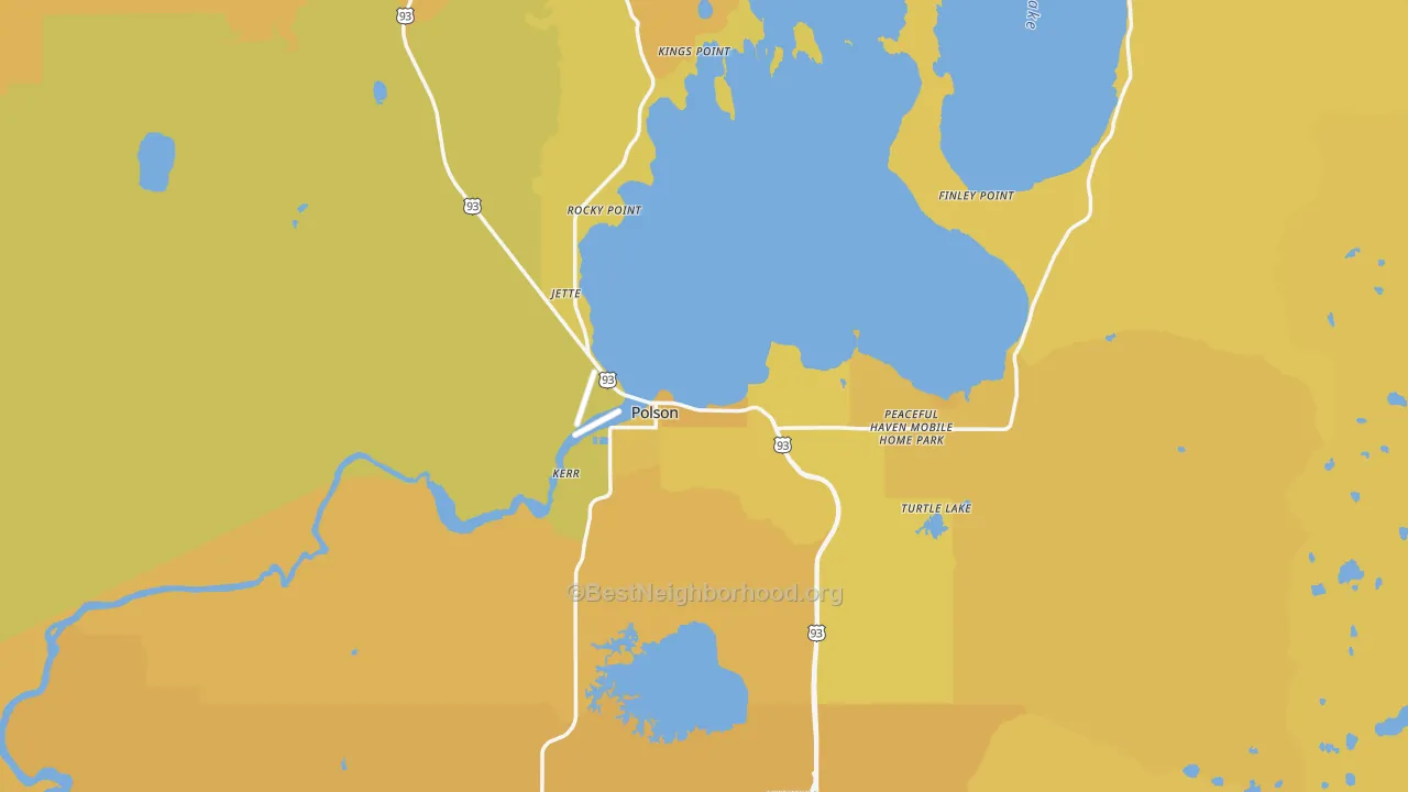 Map of the best neighborhoods in the 59860 area, with better matches in green and worse matches in red