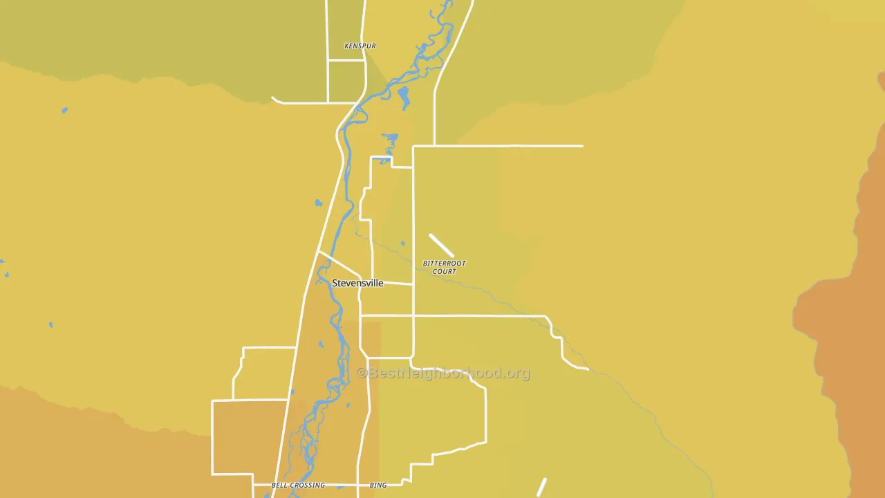 Map of the best neighborhoods in the 59870 area, with better matches in green and worse matches in red