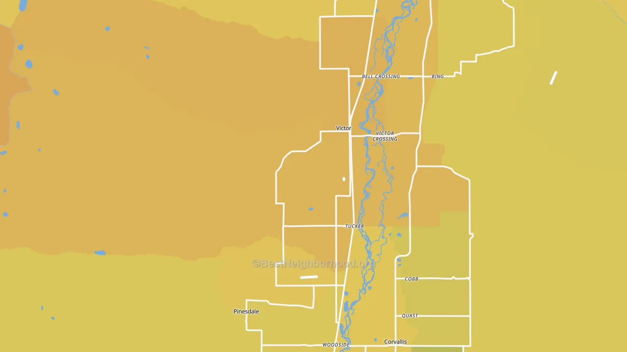 Map of the best neighborhoods in the 59875 area, with better matches in green and worse matches in red