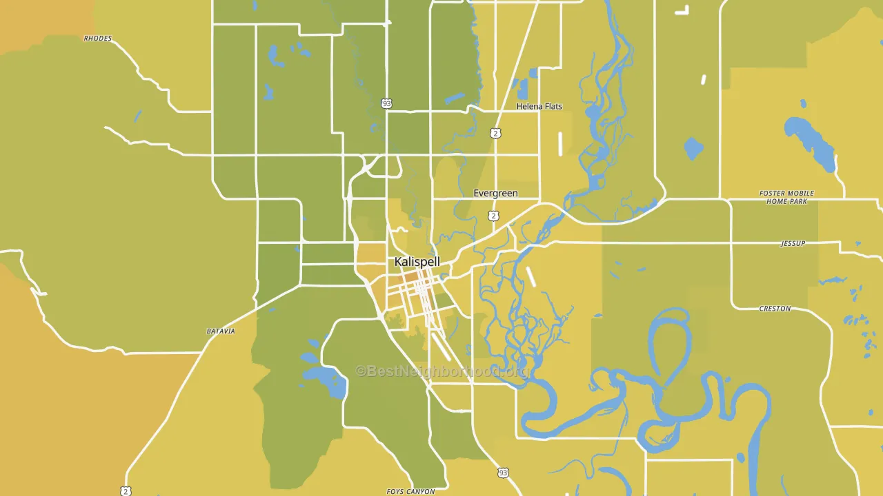 Map of the best neighborhoods in the 59901 area, with better matches in green and worse matches in red