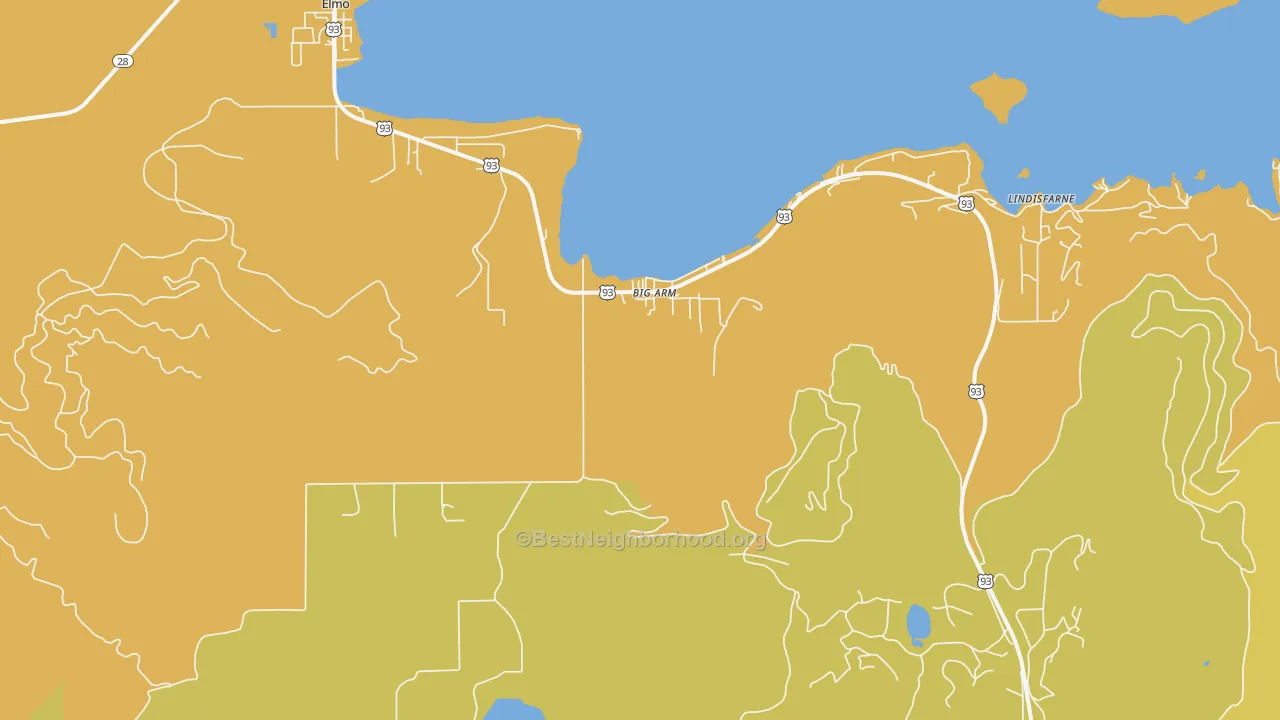 Map of the best neighborhoods in the 59910 area, with better matches in green and worse matches in red