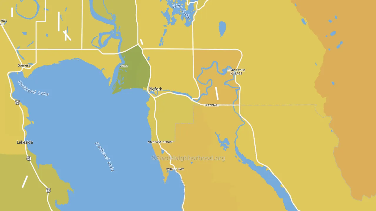 Map of the best neighborhoods in the 59911 area, with better matches in green and worse matches in red