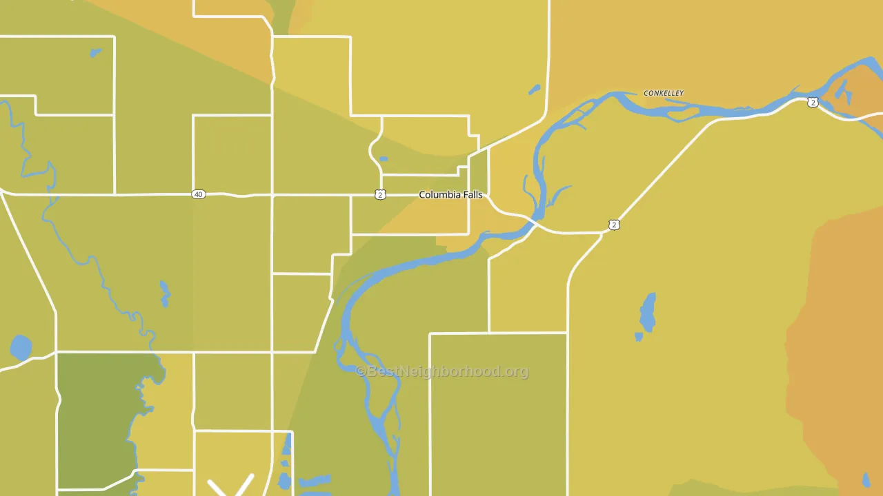 Map of the best neighborhoods in the 59912 area, with better matches in green and worse matches in red