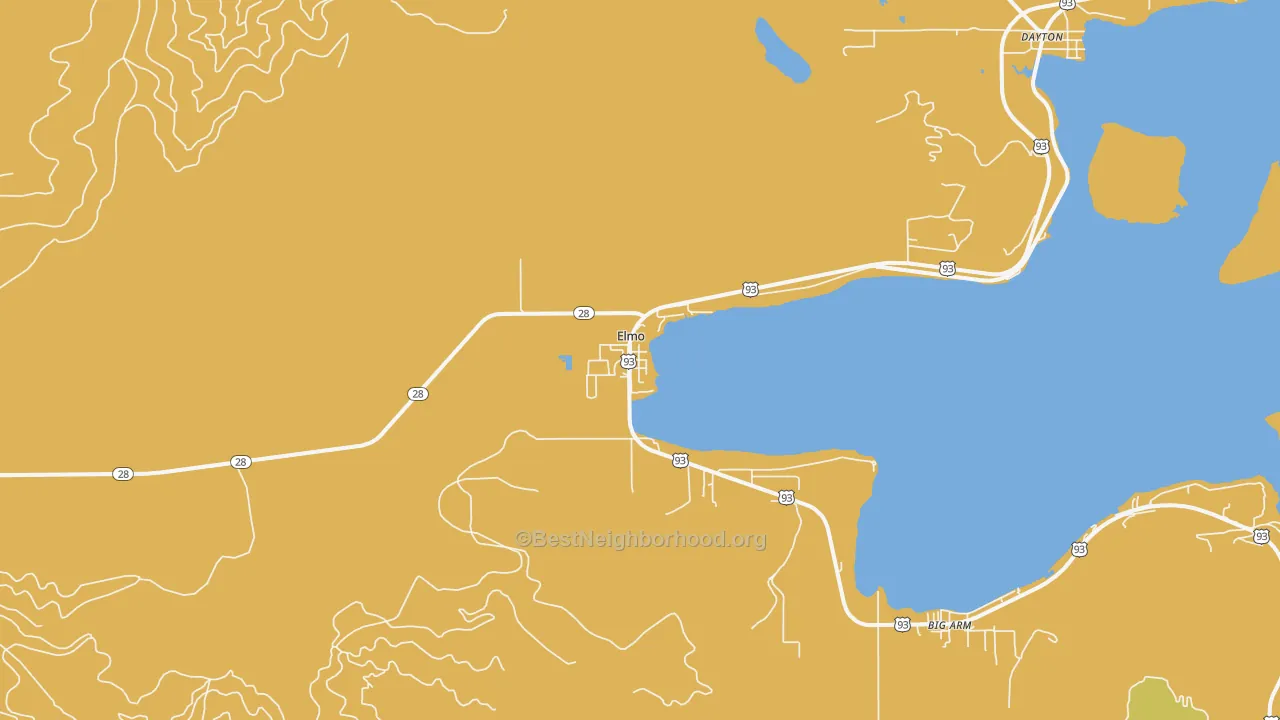 Map of the best neighborhoods in the 59915 area, with better matches in green and worse matches in red