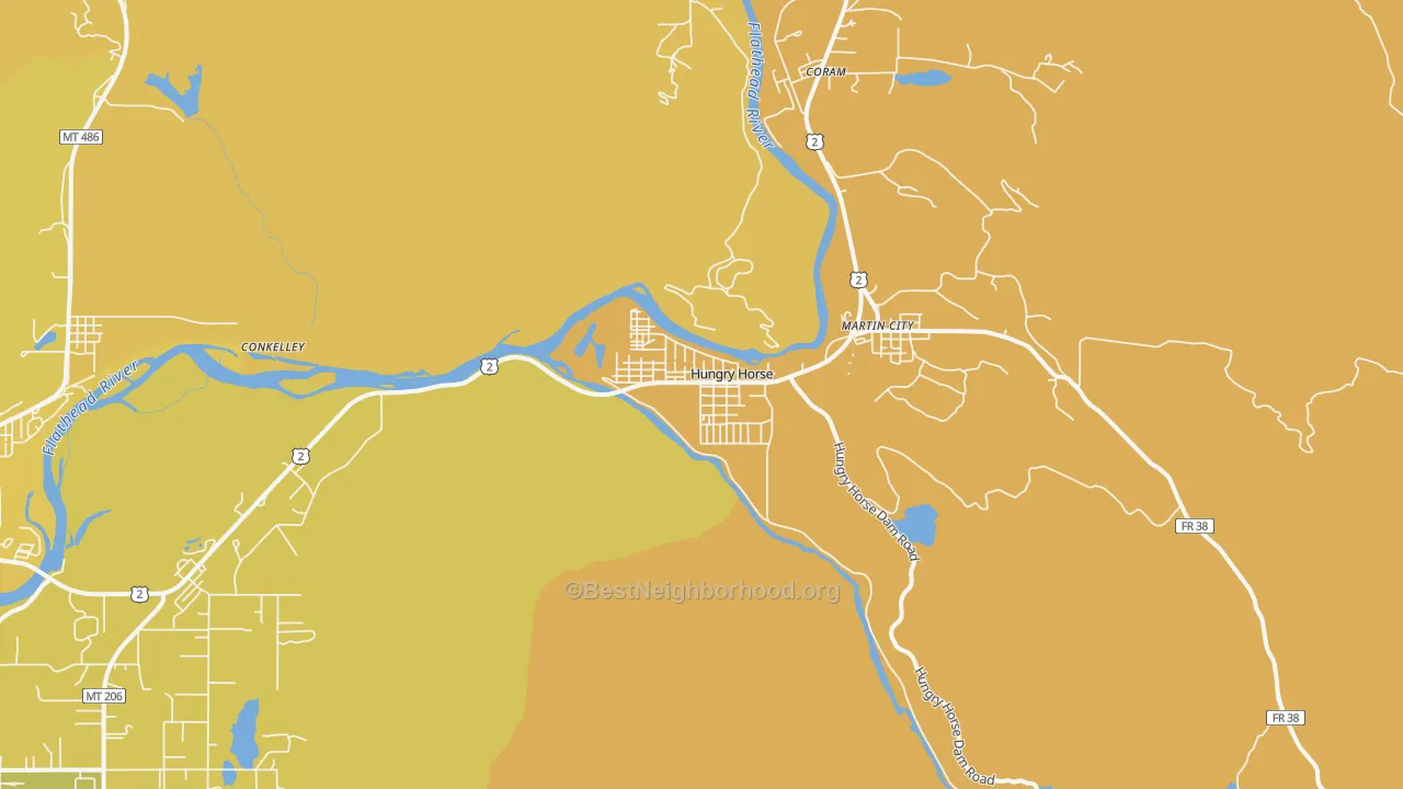 Map of the best neighborhoods in the 59919 area, with better matches in green and worse matches in red
