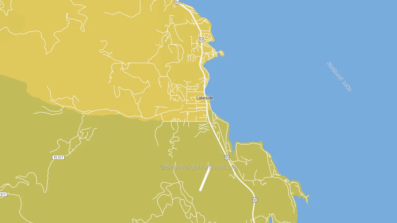 Map of the best neighborhoods in the 59922 area, with better matches in green and worse matches in red
