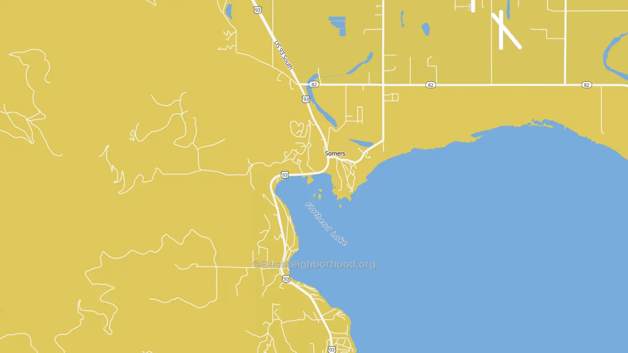 Map of the best neighborhoods in the 59932 area, with better matches in green and worse matches in red