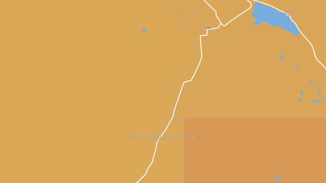 Map of the best neighborhoods in the 59934 area, with better matches in green and worse matches in red