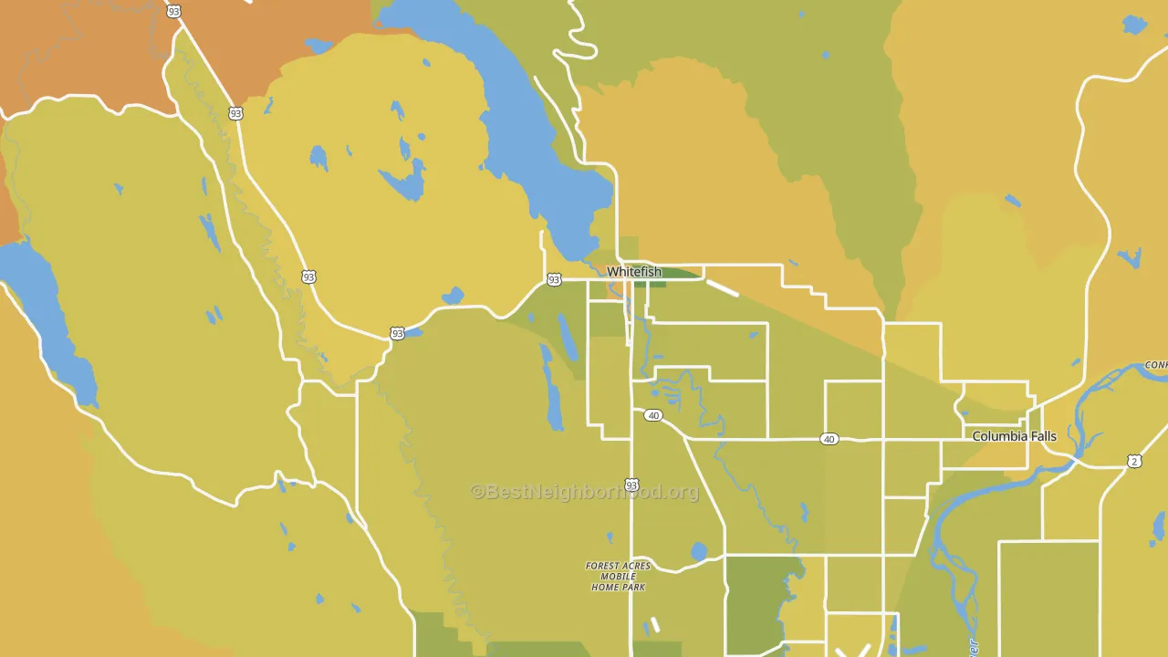 Map of the best neighborhoods in the 59937 area, with better matches in green and worse matches in red