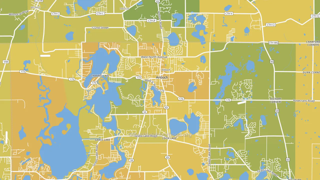 Map of the best neighborhoods in the 60002 area, with better matches in green and worse matches in red