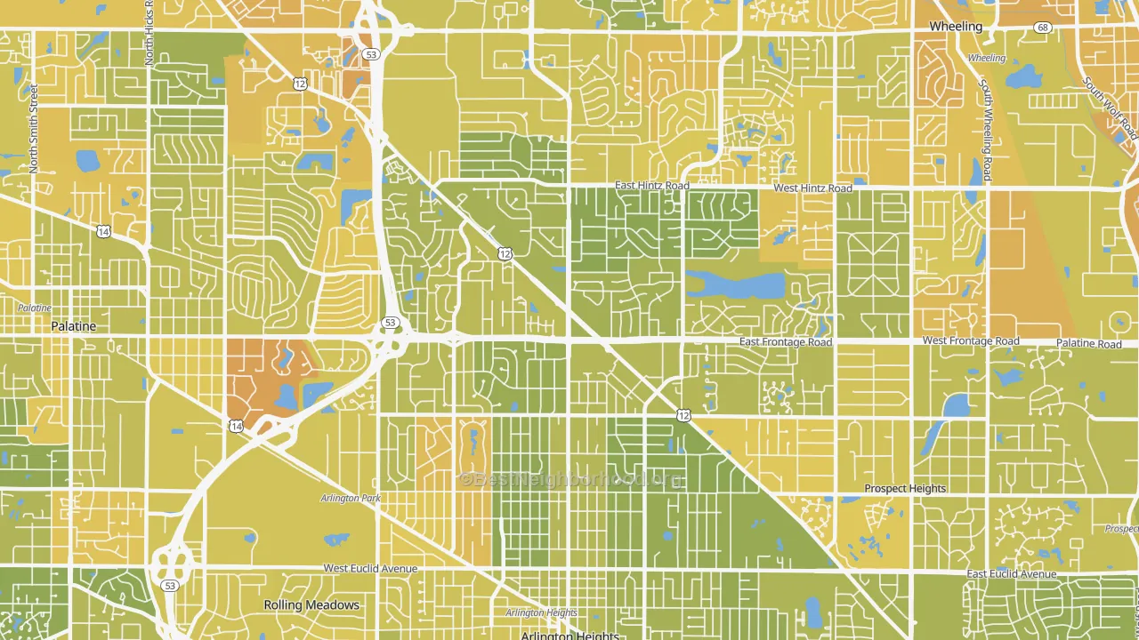Map of the best neighborhoods in the 60004 area, with better matches in green and worse matches in red